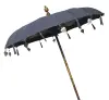 Product image 2 of the product “Bali umbrella, Dark Grey 2 with wooden coins and gold leaves hanging around the edge. Approx. 190cm dia. and 250cm height ”